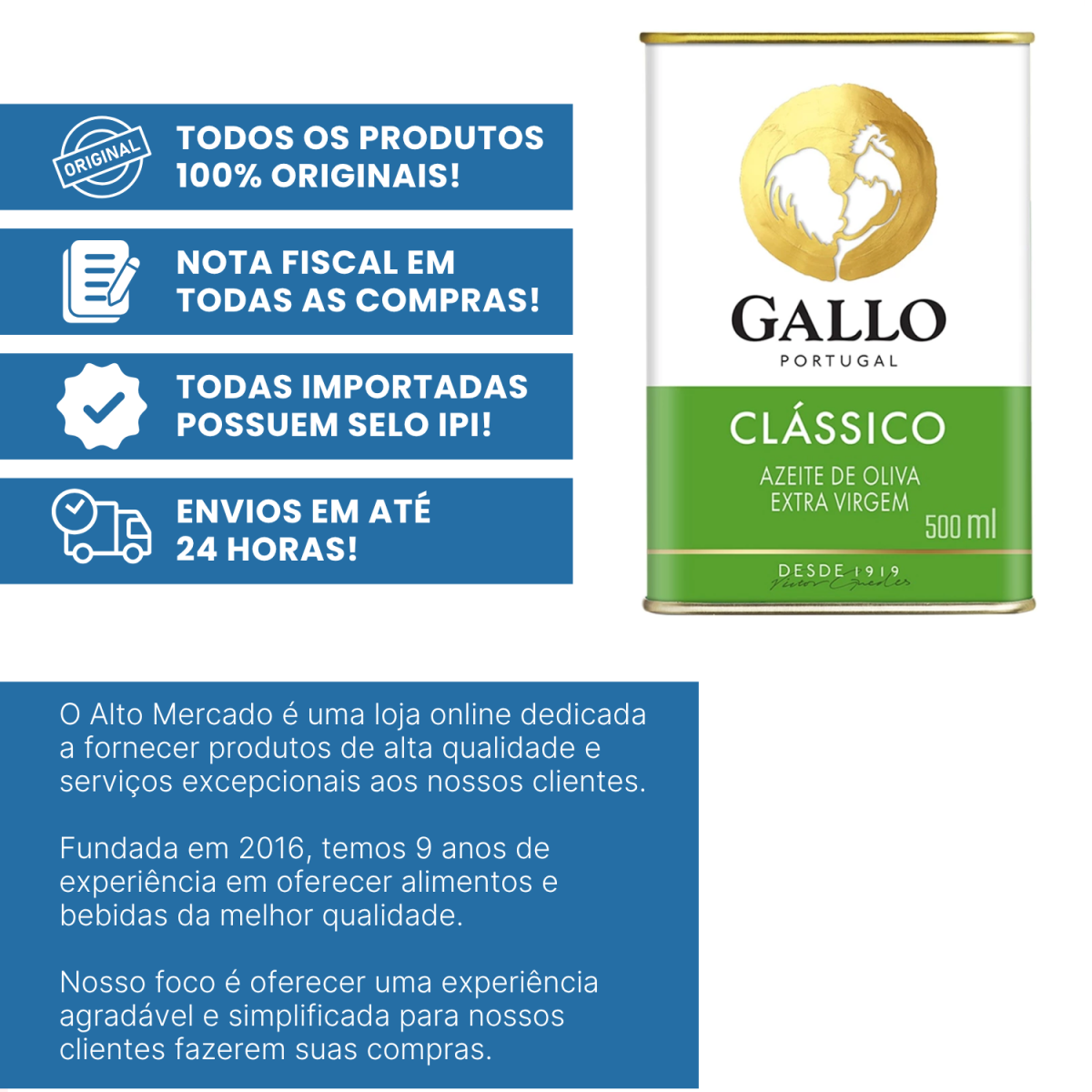 Lata de azeite Gallo Classico extra virgem de 500 ml ao lado de informações promocionais.