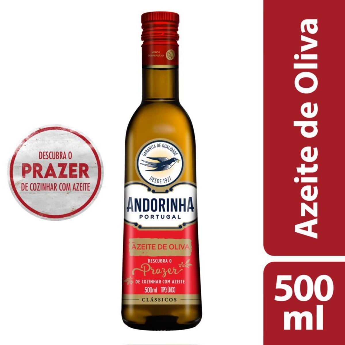 Garrafa Andorinha Tipo Único de 500 ml com destaque para azeite de oliva e uso na cozinha.