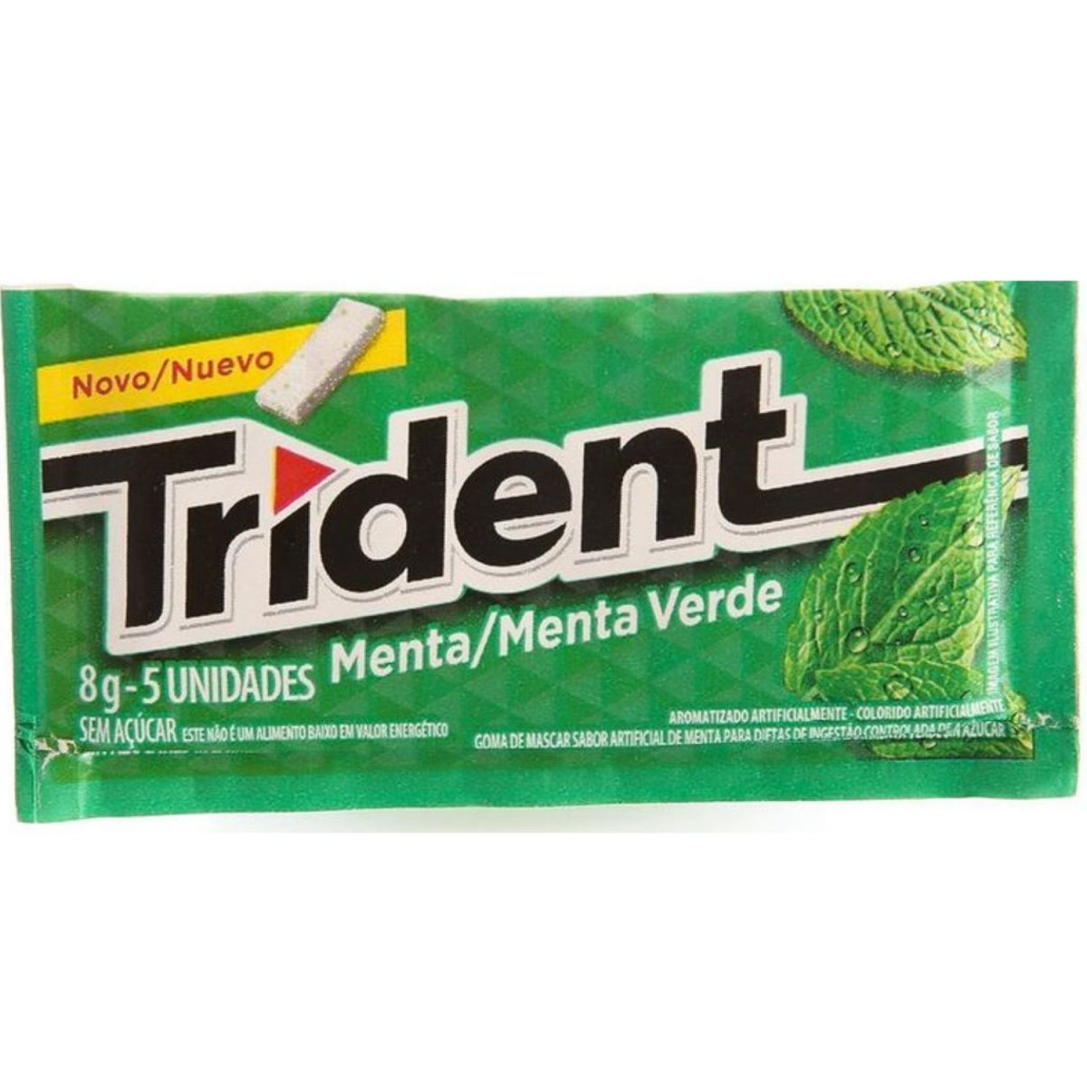 Pacote individual Trident Menta Verde de 8 g, com cinco unidades de chiclete.