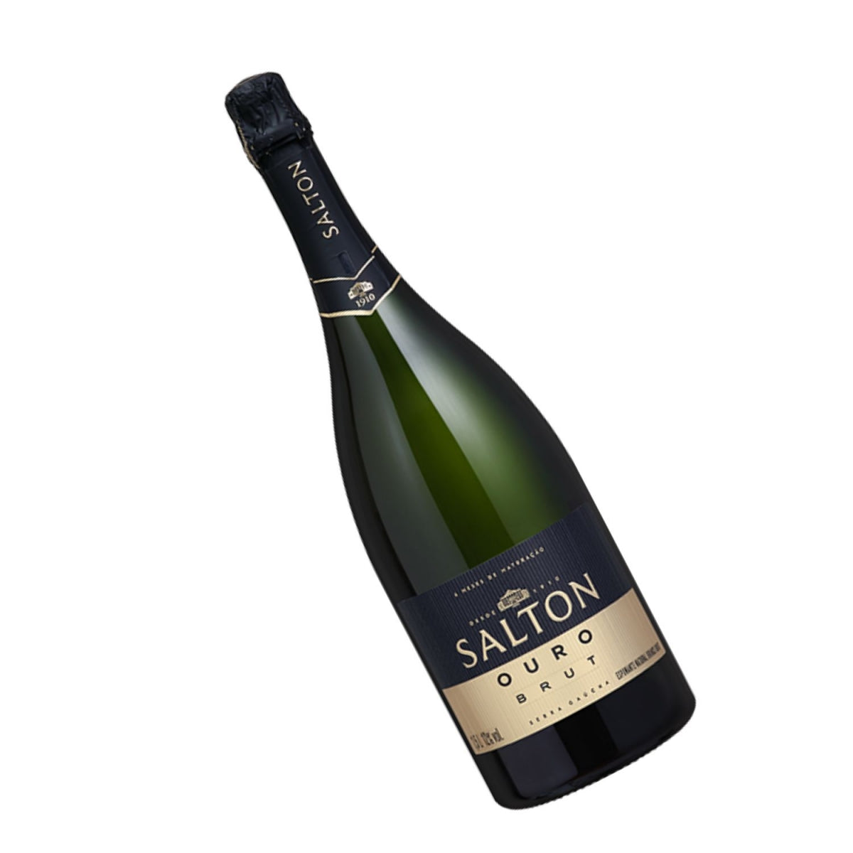 Garrafa verde de Espumante Salton Ouro Brut em ângulo, com rótulo preto e dourado.