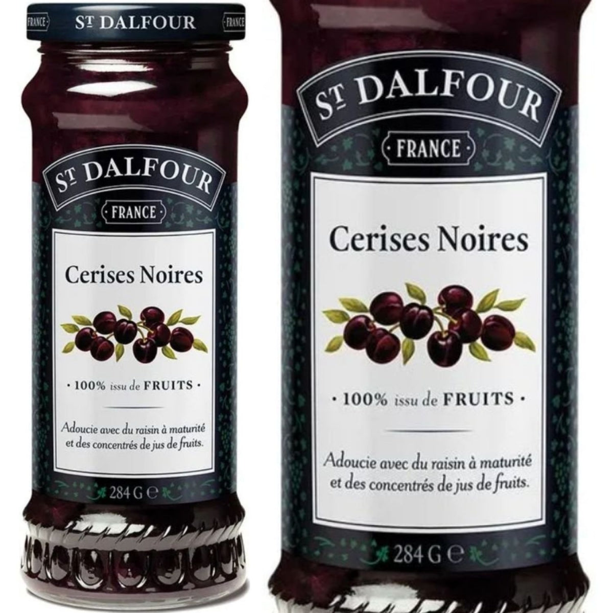 Pote de geleia St. Dalfour e detalhe ampliado do rótulo de cerejas negras.