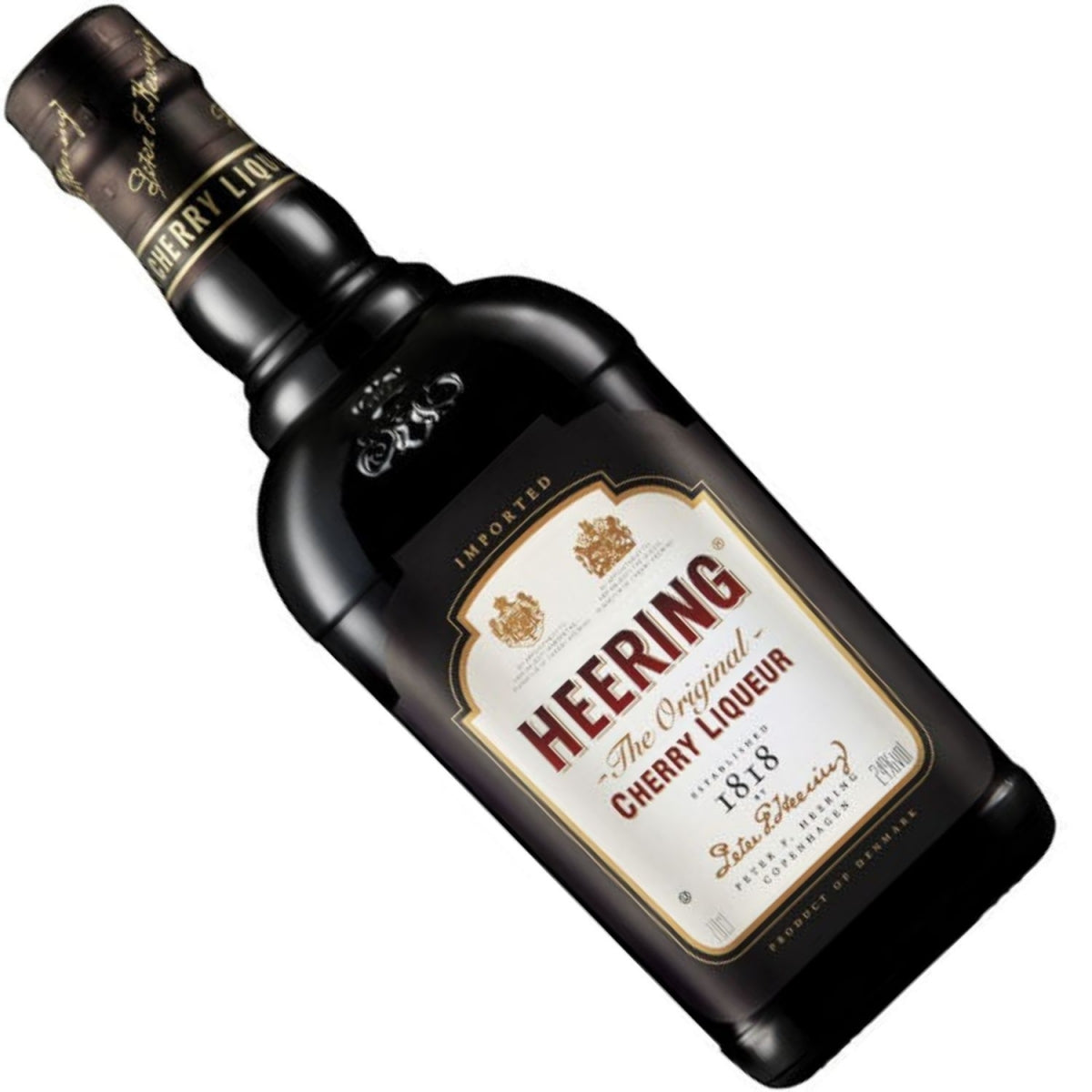 Garrafa Cherry Heering inclinada, mostrando o rótulo de licor de cereja.