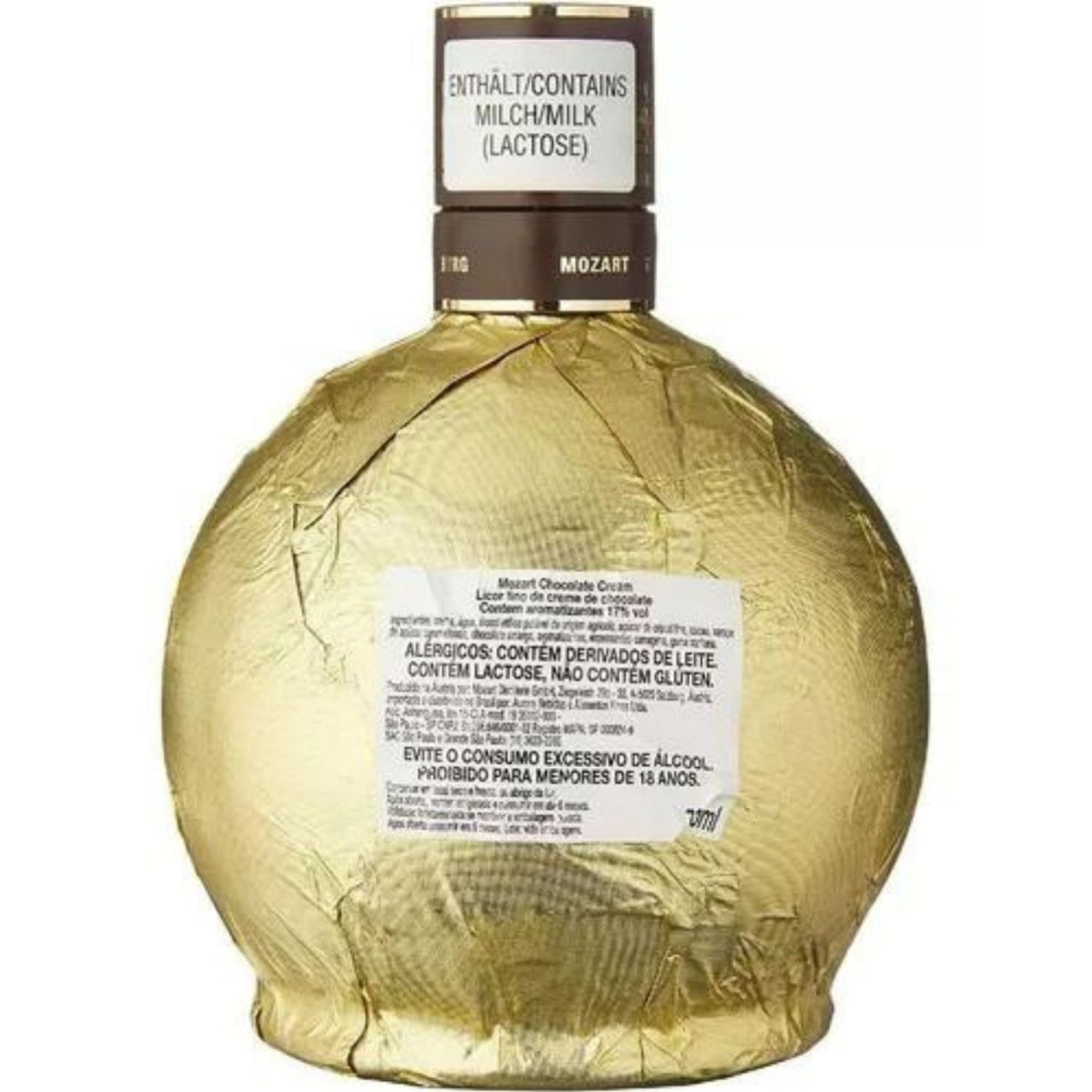 Parte traseira da garrafa Mozart Chocolate Cream com rótulo em português, indicação de lactose e informação de 17% de álcool.