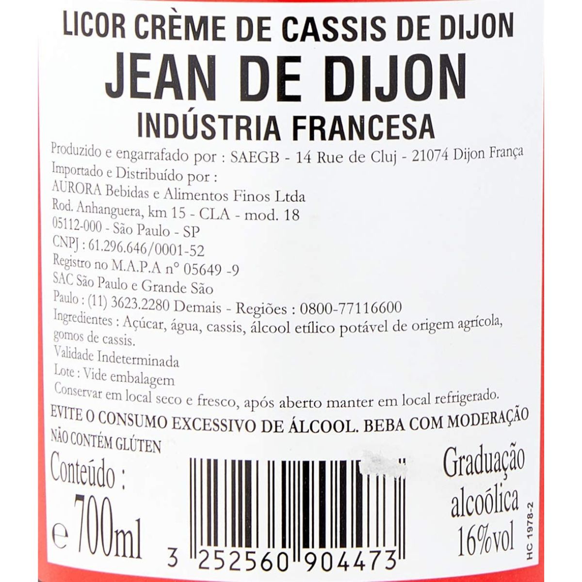 Rótulo traseiro com ingredientes, conteúdo de 700 ml, graduação alcoólica de 16% e informação de que não contém glúten.