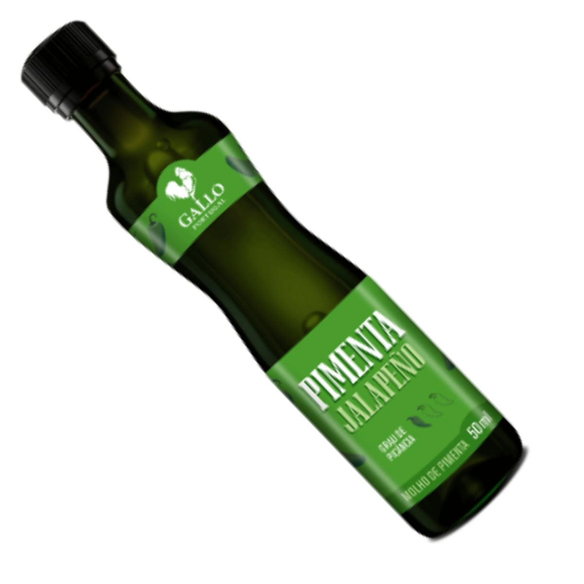 Garrafa Gallo de molho de pimenta jalapeno de 50 ml inclinada, com rótulo verde.