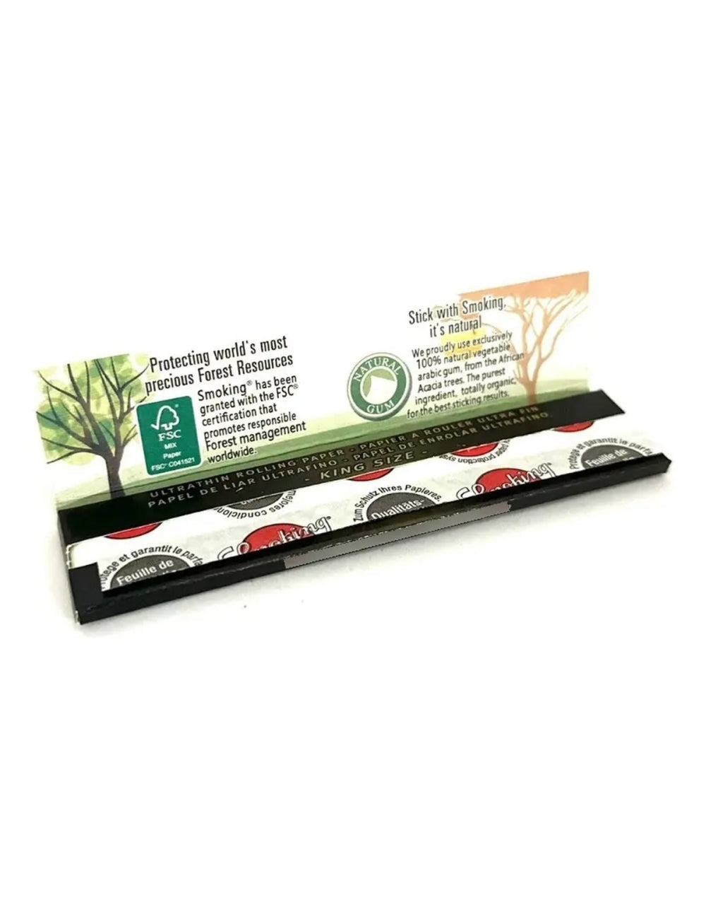 Livreto aberto Smoking King Size com informações sobre goma vegetal natural e certificação FSC.