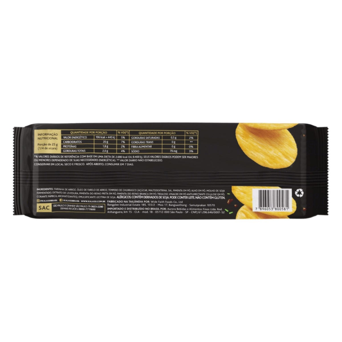 Verso da embalagem do snack Kalassi Churrasco com ingredientes e tabela nutricional