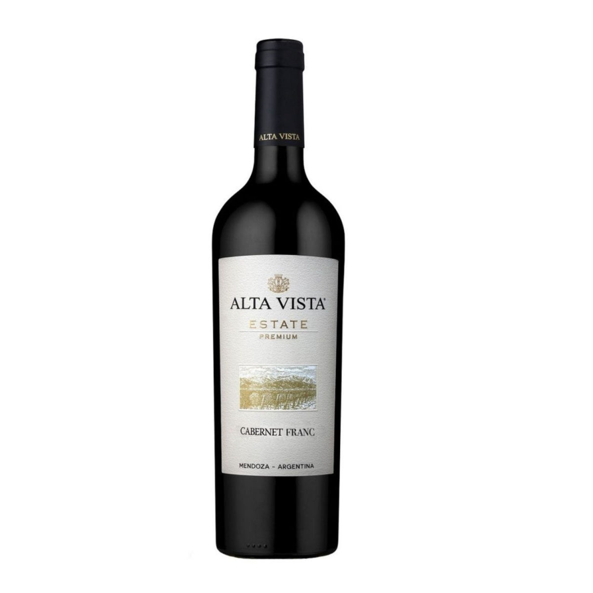 Garrafa de vinho Alta Vista Estate Premium Cabernet Franc, com rótulo indicando Mendoza, Argentina.