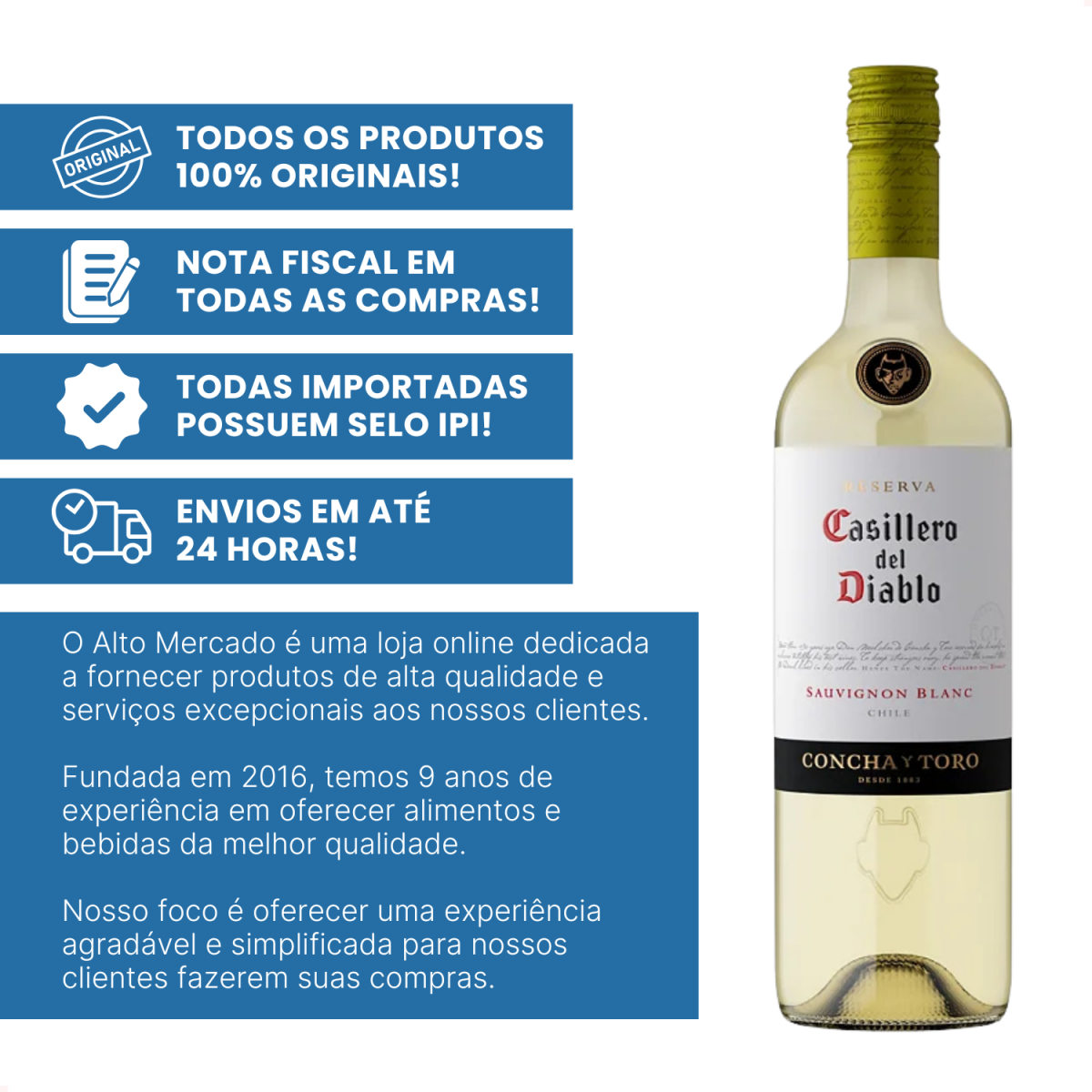 Garrafa de vinho Casillero del Diablo Sauvignon Blanc ao lado de informações promocionais