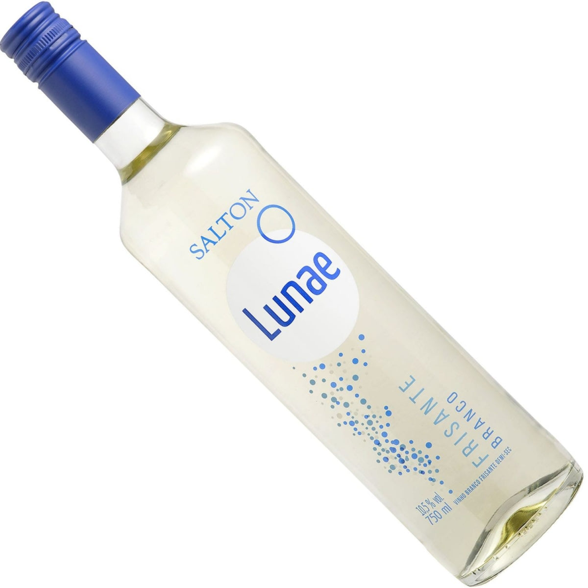 Garrafa inclinada de Salton Lunae Frisante Branco, com rótulo azul e branco.