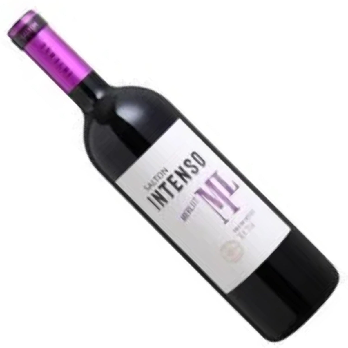 Garrafa inclinada do vinho Salton Intenso Merlot, com cápsula roxa e rótulo claro.