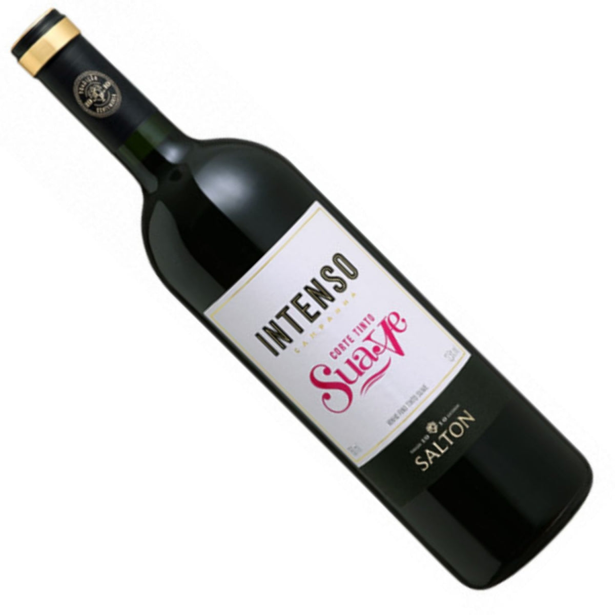 Garrafa inclinada do Vinho Corte Tinto Suave Intenso Salton, com rótulo branco e rosa.