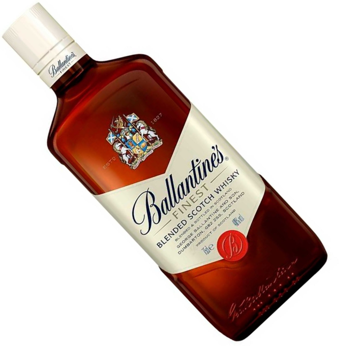 Garrafa de whisky Ballantine's Finest inclinada, com rótulo creme e vidro âmbar.