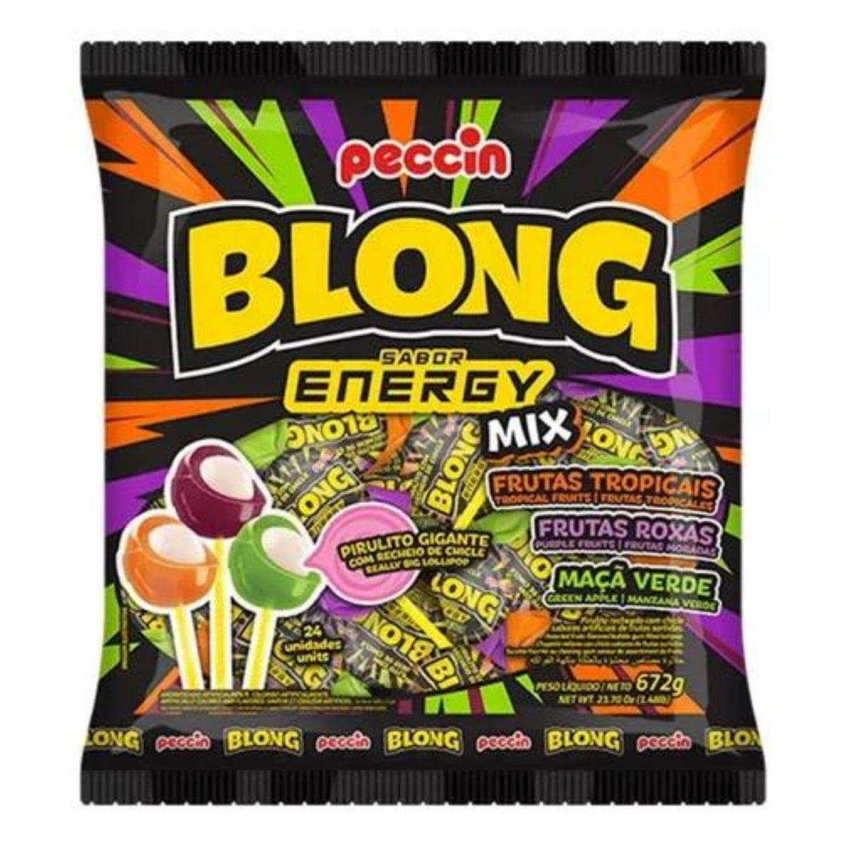 Pirulito Blong Peccin Energy Mix Com Chiclete Sortido 672g