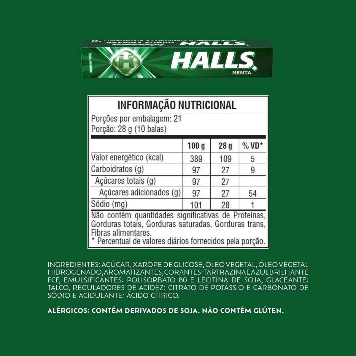 Bala Halls Menta Caixa Com 21 Unidades 28g