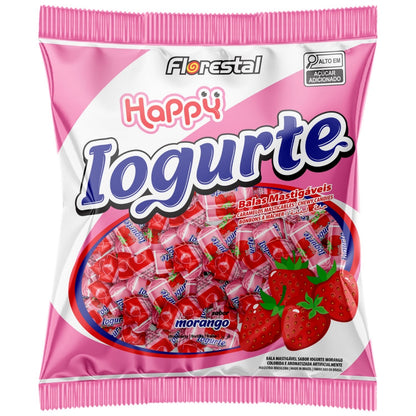 Bala Mastigável Happy Iogurte Morango Florestal 500G