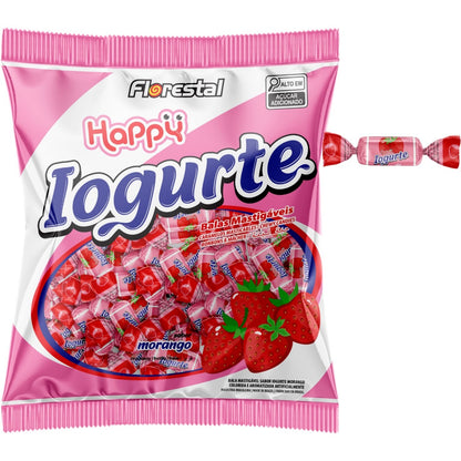 Bala Mastigável Happy Iogurte Morango Florestal 500G