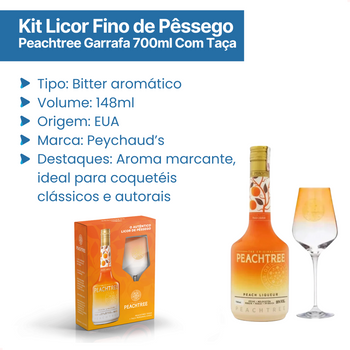 Kit Licor Fino de Pêssego Peachtree Garrafa 700ml Com Taça