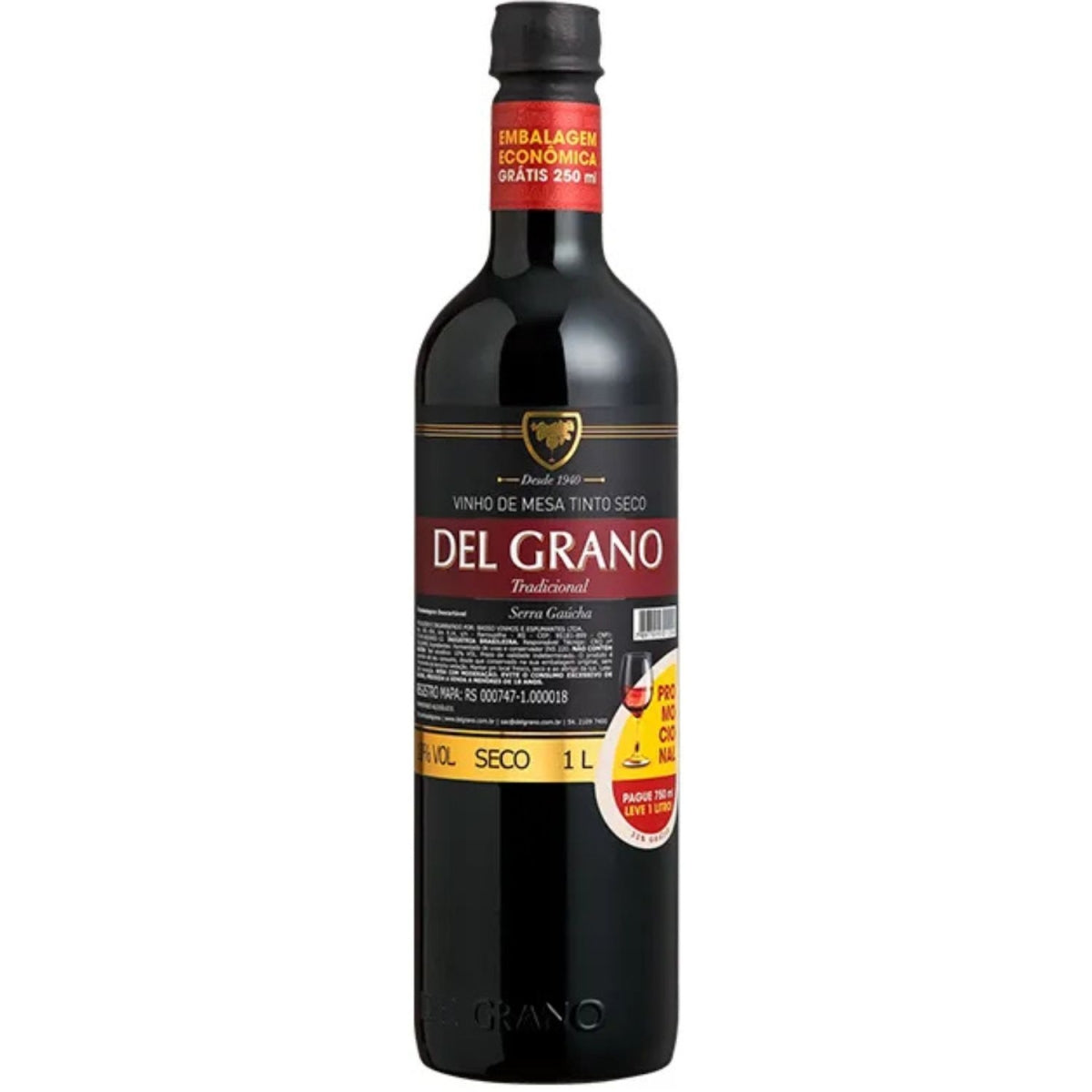 Vinho Brasileiro Del Grano Tinto Seco Leve 1L Pague 750ml