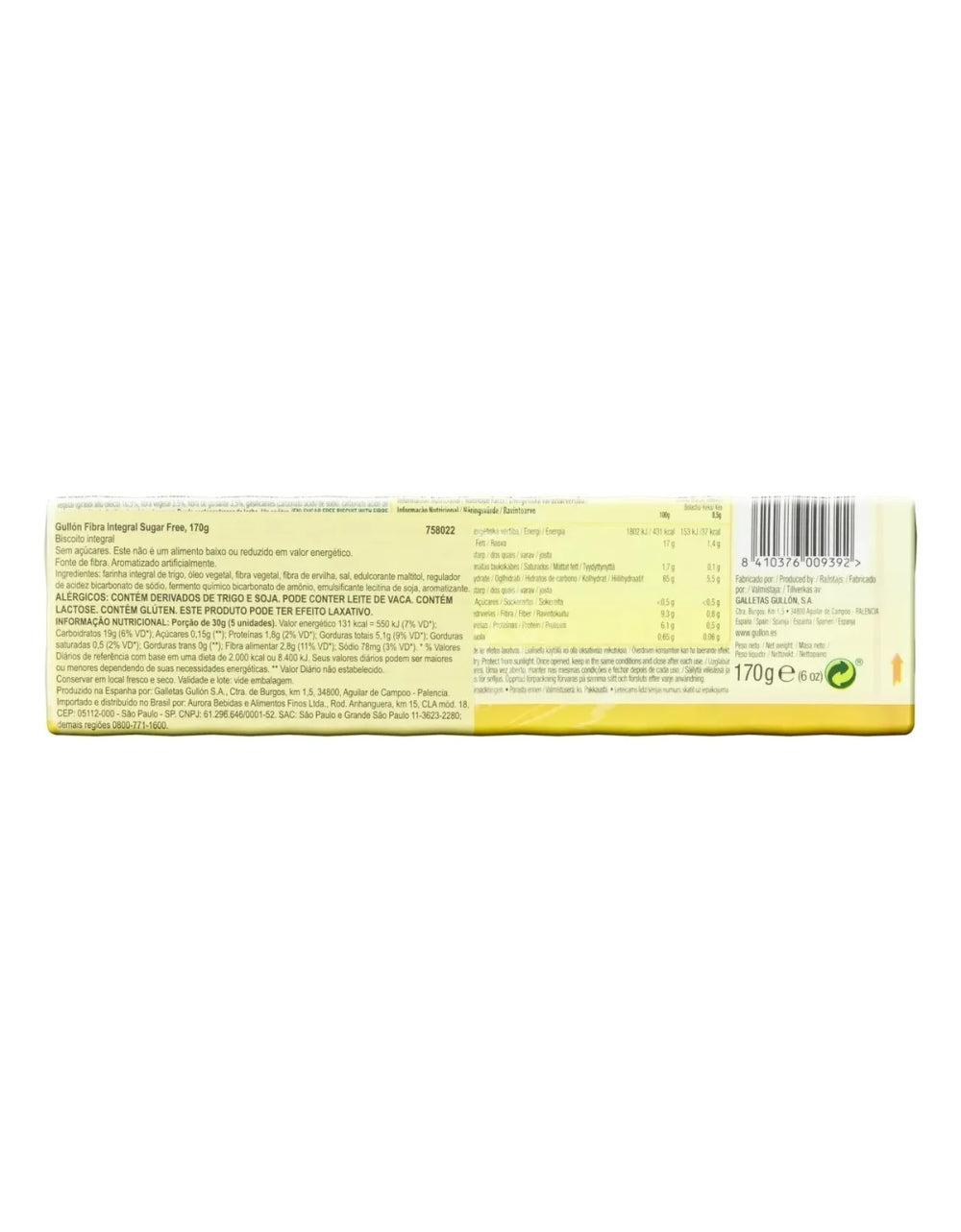 Biscoito Gullon Sem Acucar Fibra Integral 170g