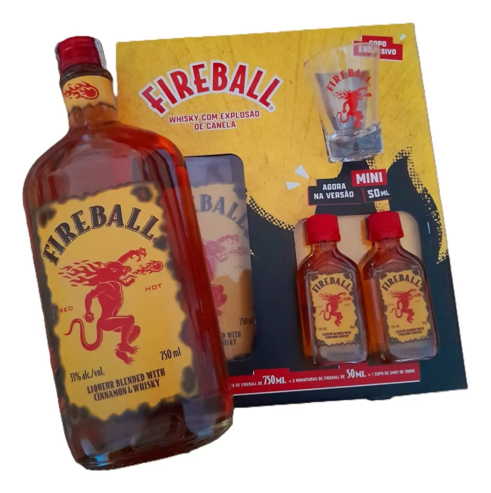 Kit Whisky Fireball 750ml + 2 Miniaturas 50ml + Shot