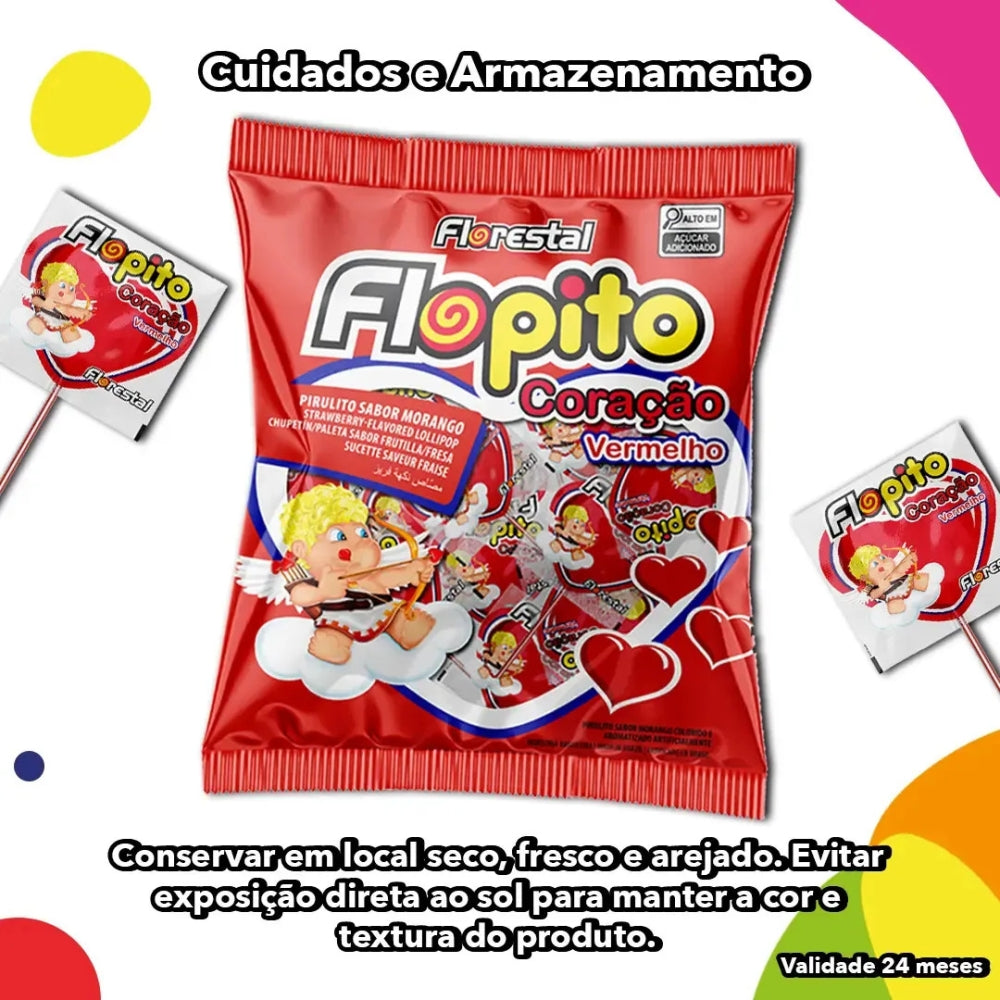Pirulito Florestal Coracao Morango 500g 50 Unidades