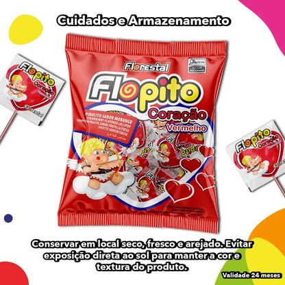 Pirulito Florestal Coracao Morango 500g 50 Unidades