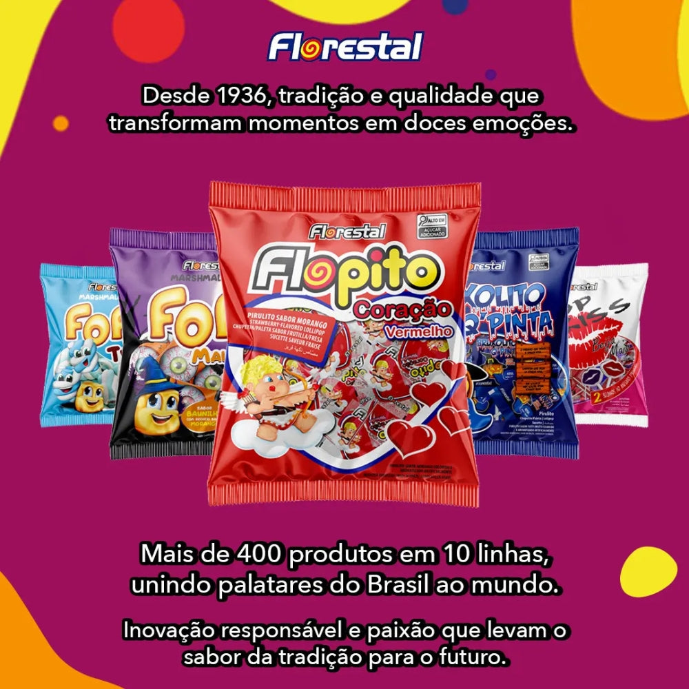 Pirulito Florestal Coracao Morango 500g 50 Unidades