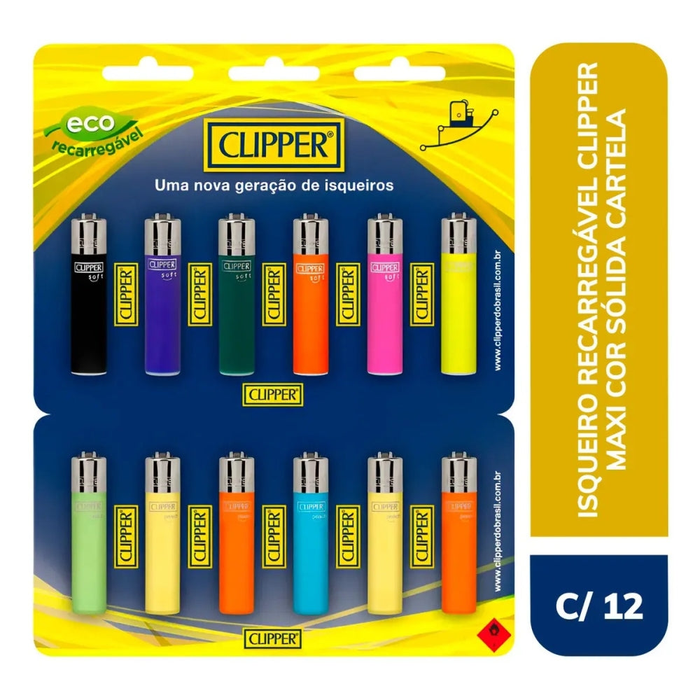 Isqueiro Clipper Maxi Recarregavel Cartela com 12