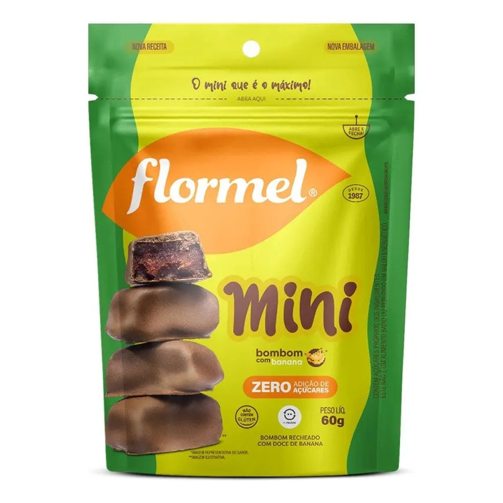Mini Bombom Zero Açúcar Chocolate Banana Sem Glúten Flormel Pouch 60g