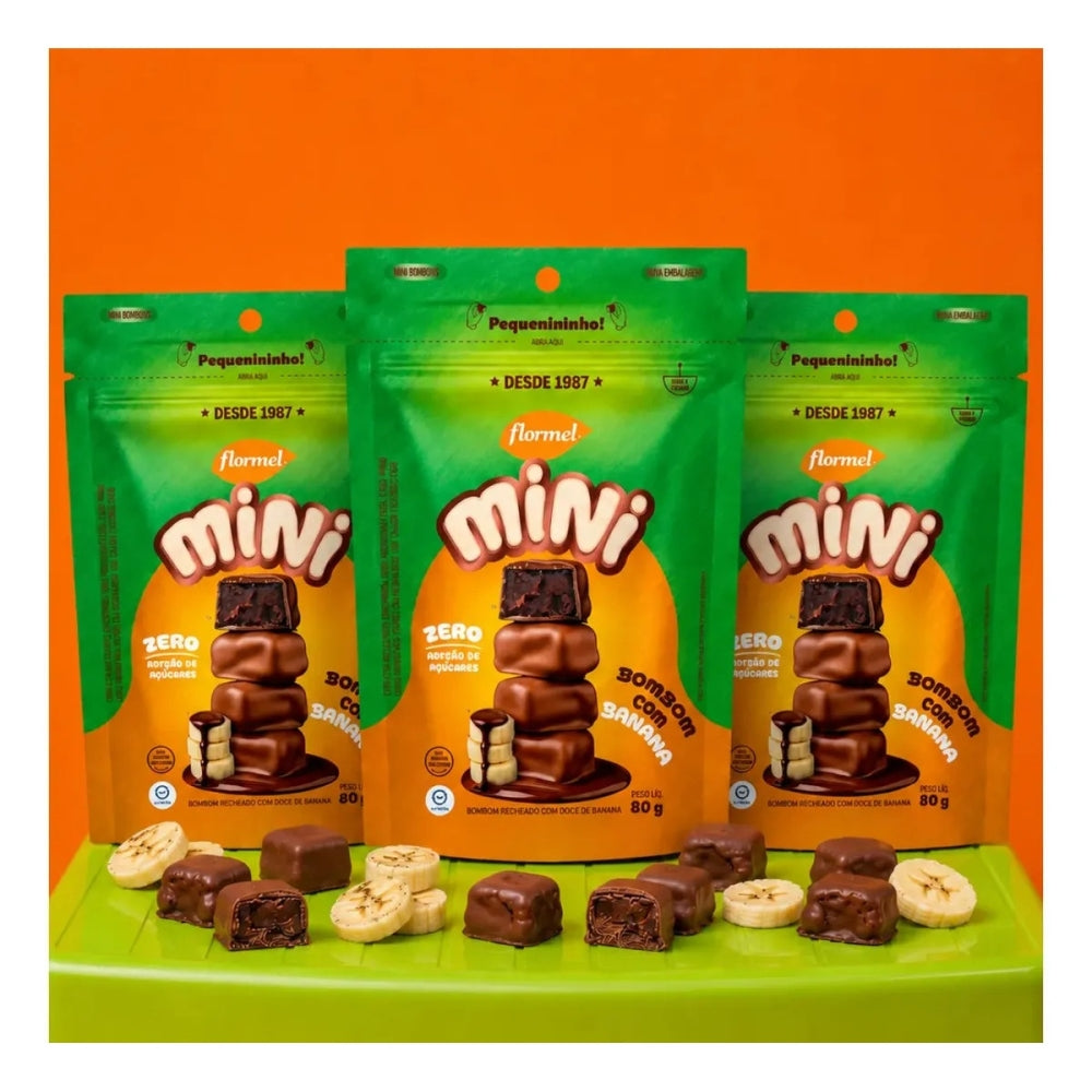 Mini Bombom Zero Açúcar Chocolate Banana Sem Glúten Flormel Pouch 60g