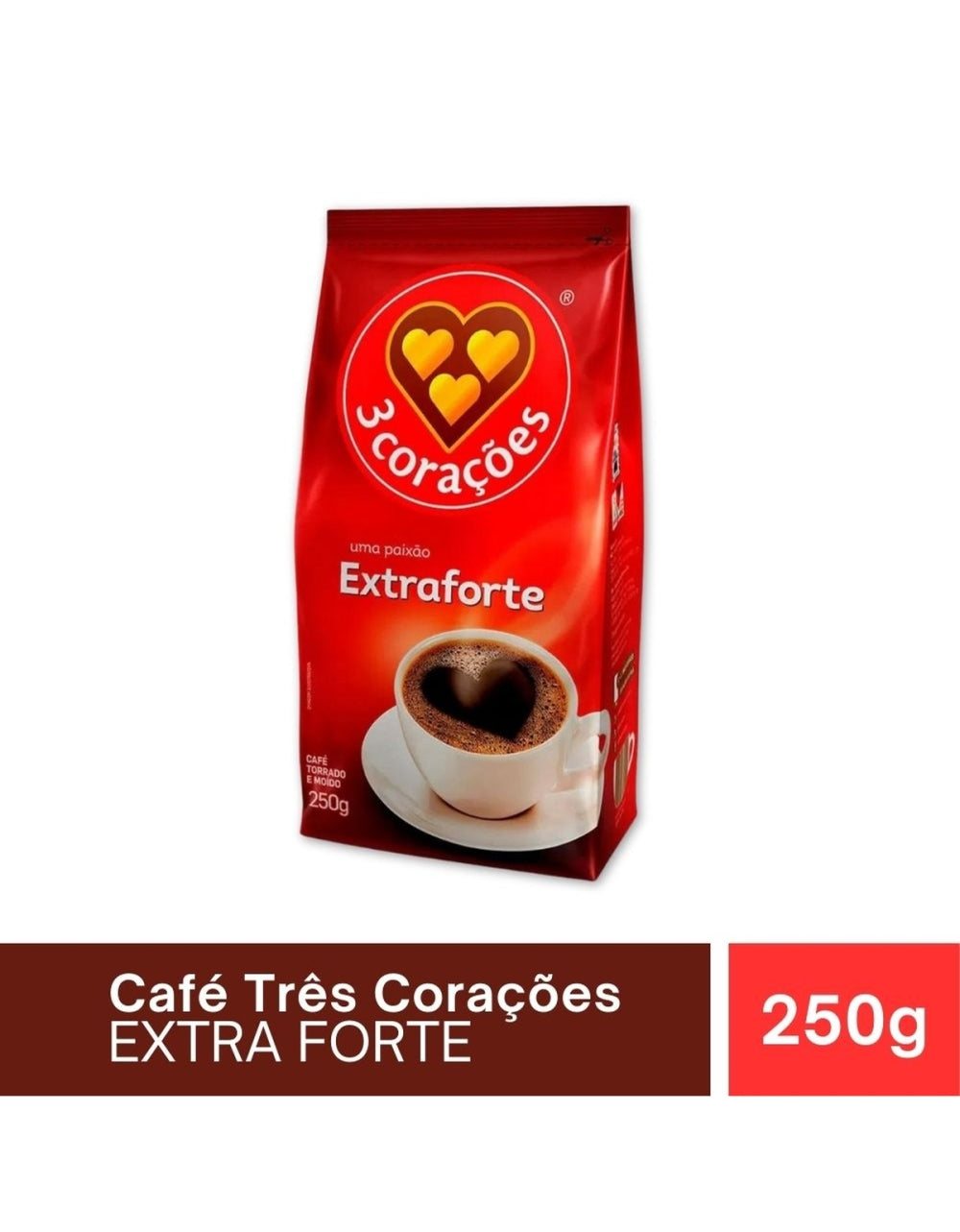 Cafe 3 Coracoes Fort 250g - Café torrado e moido, sabor forte e encorpado, da marca 3 Coracoes.