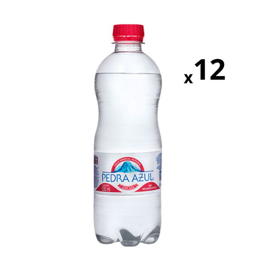 Garrafa PET Pedra Azul de água com gás, 330 ml, com indicação de pack com 12 unidades.