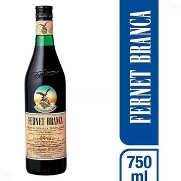 Garrafa escura de Fernet-Branca com rótulo bege e indicação de 750 ml.