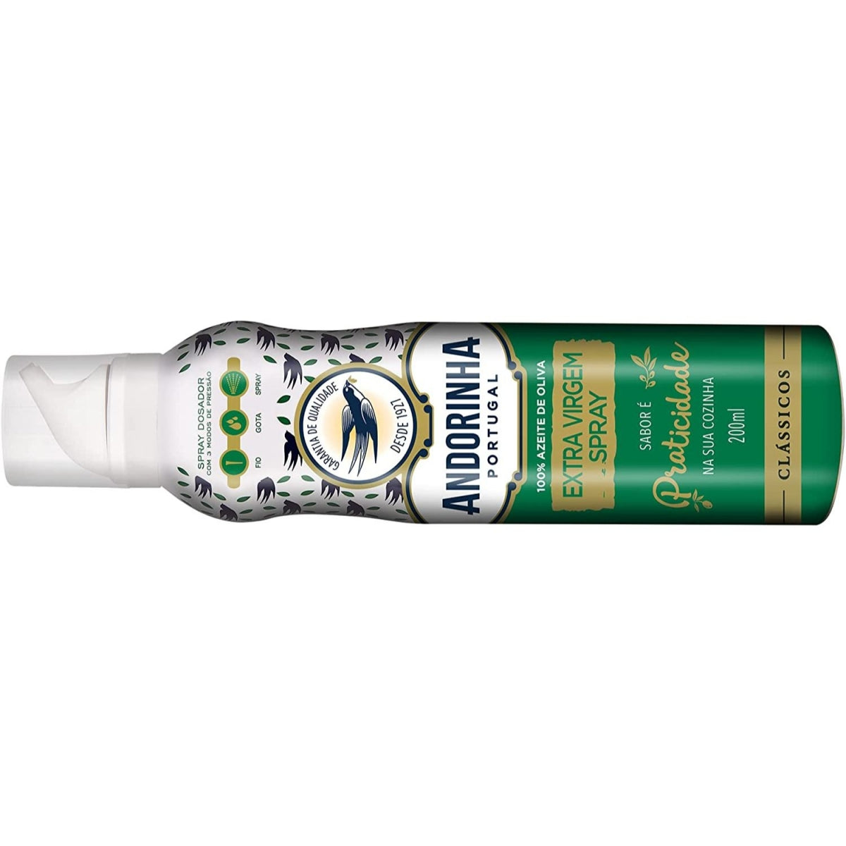 Frasco Andorinha de azeite extra virgem spray deitado, com o rótulo e o bico dosador visíveis.