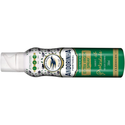 Frasco Andorinha de azeite extra virgem spray deitado, com o rótulo e o bico dosador visíveis.