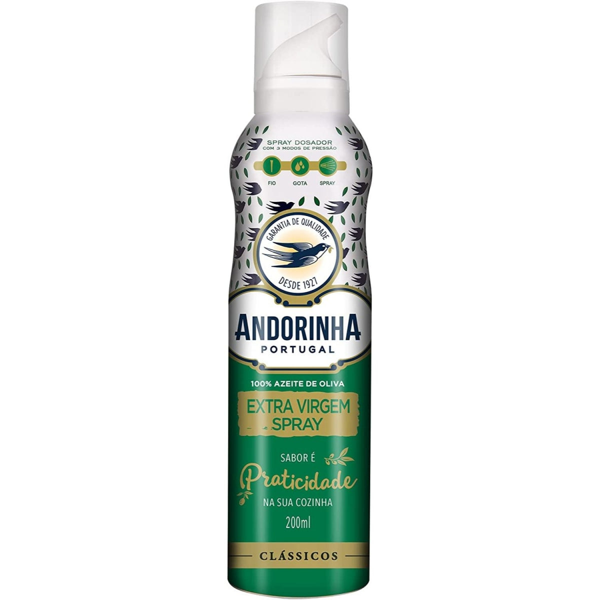 Frasco spray de azeite Andorinha extra virgem de 200 ml, com embalagem verde e dourada.