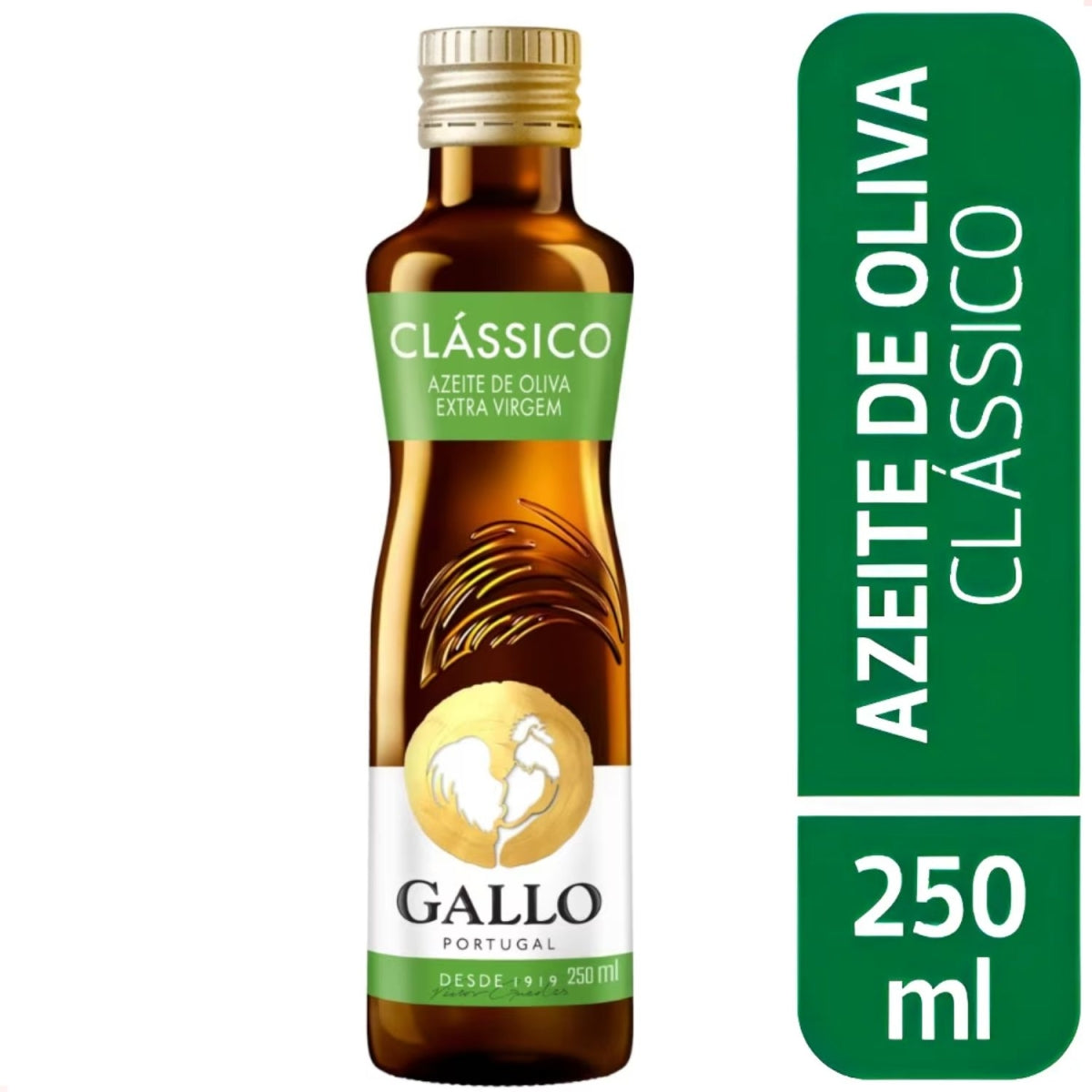 Garrafa de azeite Gallo Classico extra virgem 250 ml, com rótulo verde e vidro âmbar