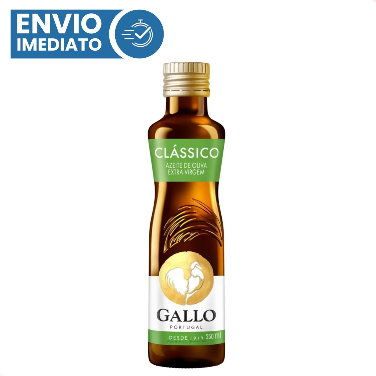 Garrafa Gallo Classico e detalhe ampliado do rótulo com indicação de azeite extra virgem
