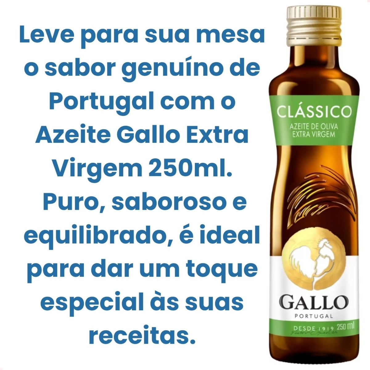 Garrafa de azeite Gallo Classico 250 ml mostrada inclinada, com rótulo verde
