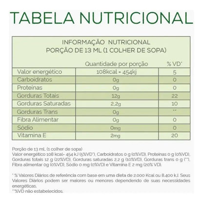 Tabela nutricional do azeite, com porção de 13 ml e valores de nutrientes.