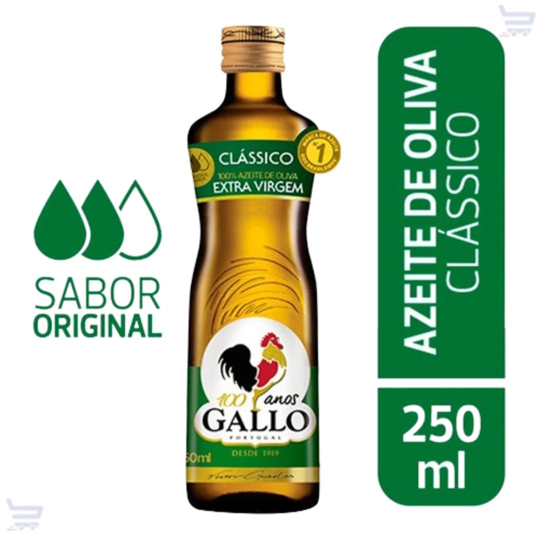 Garrafa de azeite Gallo Classico extra virgem 250 ml, com rótulo verde e vidro âmbar