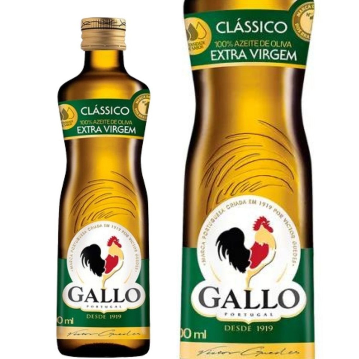 Garrafa Gallo Classico e detalhe ampliado do rótulo com indicação de azeite extra virgem
