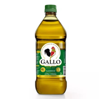 Garrafa de azeite Gallo Classico extra virgem de 2 litros, com tampa verde e rótulo verde.