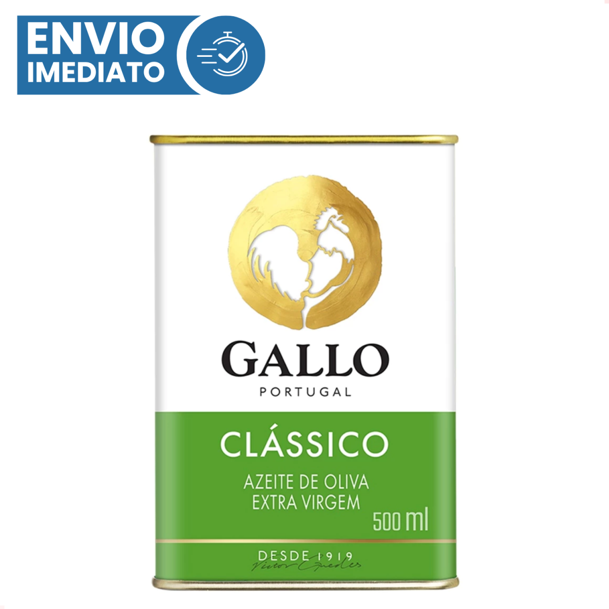 Lata de azeite Gallo Classico extra virgem de 500 ml, apresentada de frente.