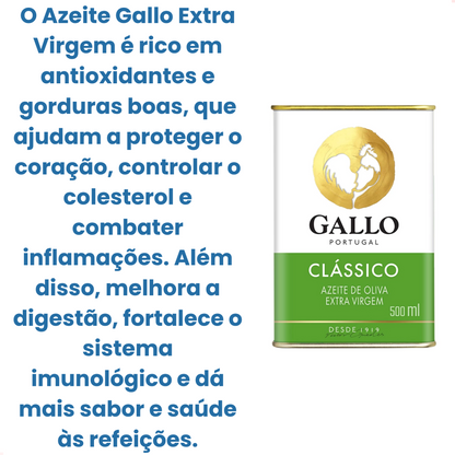 Arte promocional com a lata de azeite Gallo Classico extra virgem de 500 ml.