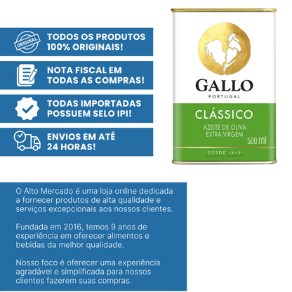Lata de azeite Gallo Classico extra virgem de 500 ml ao lado de informações promocionais.