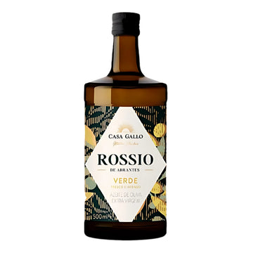 Garrafa âmbar de azeite Gallo Rossio Verde extra virgem, 500 ml, vista de frente.