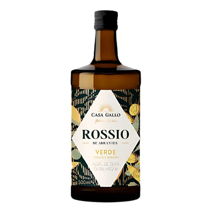 Garrafa âmbar de azeite Gallo Rossio Verde extra virgem, 500 ml, vista de frente.