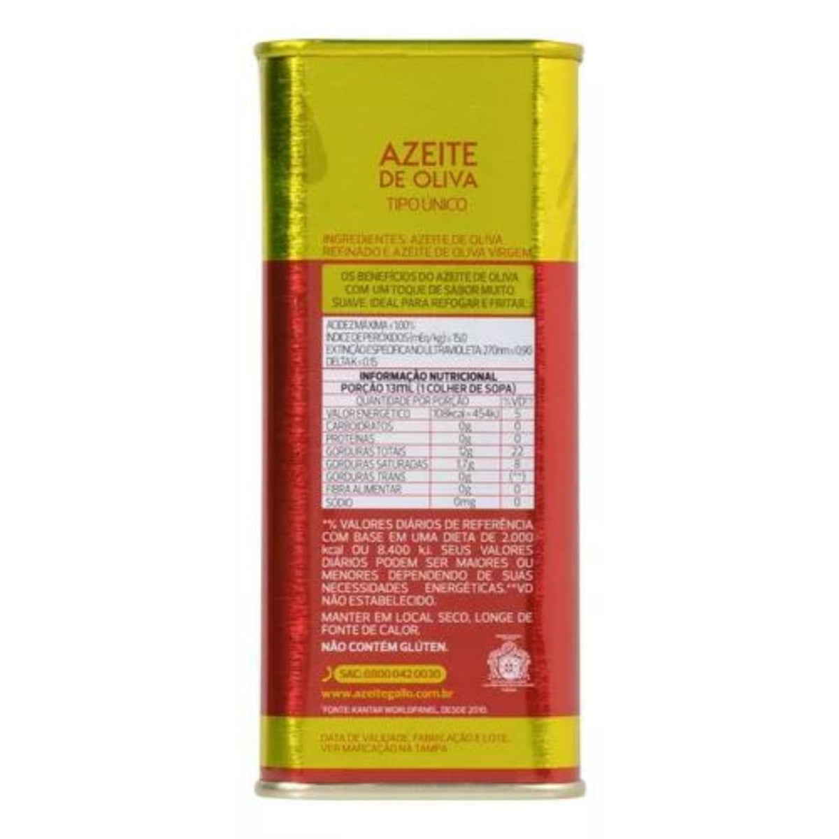 Parte traseira da lata Gallo Tipo Único, com ingredientes, informações nutricionais e aviso de que não contém glúten.